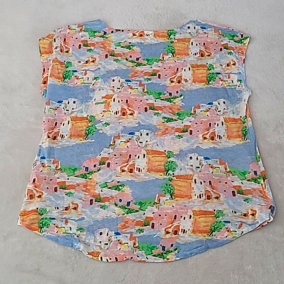 Cynthia Rowley Linen Scenic Print Cap Sleeve Top Large Coastal Resort Summer - Picture 11 of 11